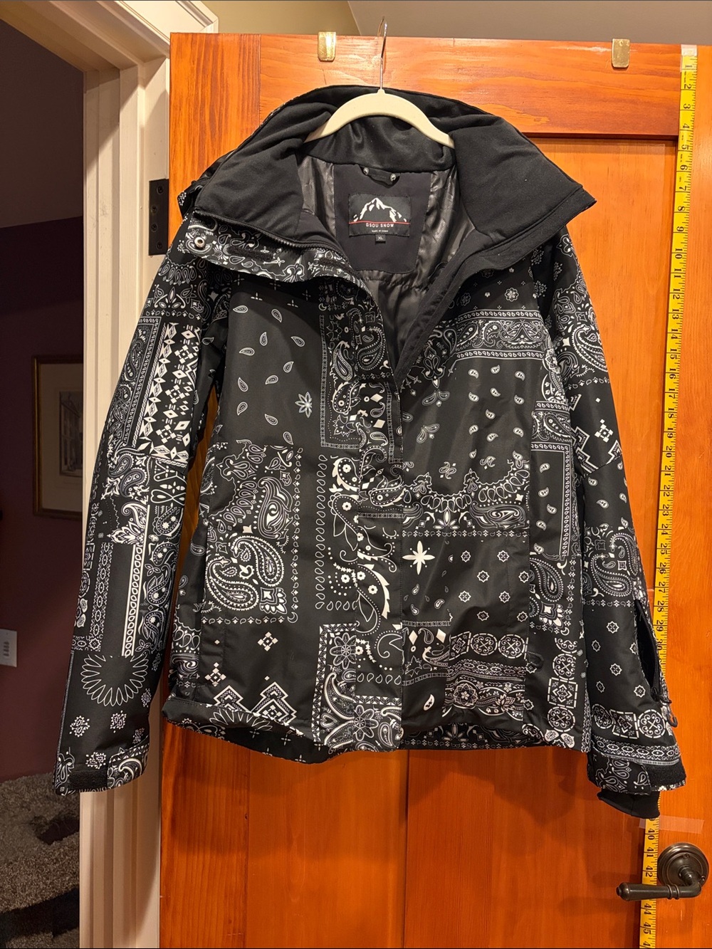 Black Bandana Print Ski Jacket with Hood